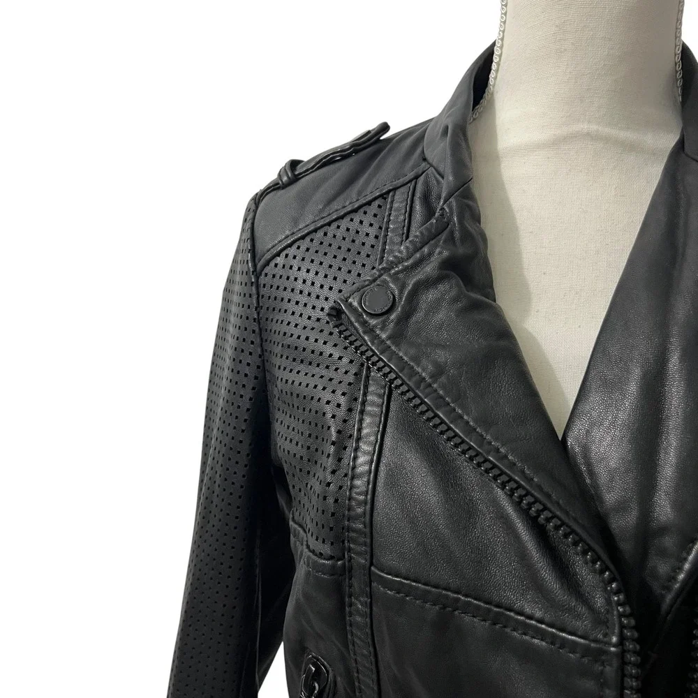 Michael Kors Black Leather Perforated‎ Moto Biker Jacket Small Zip Up Epaulettes